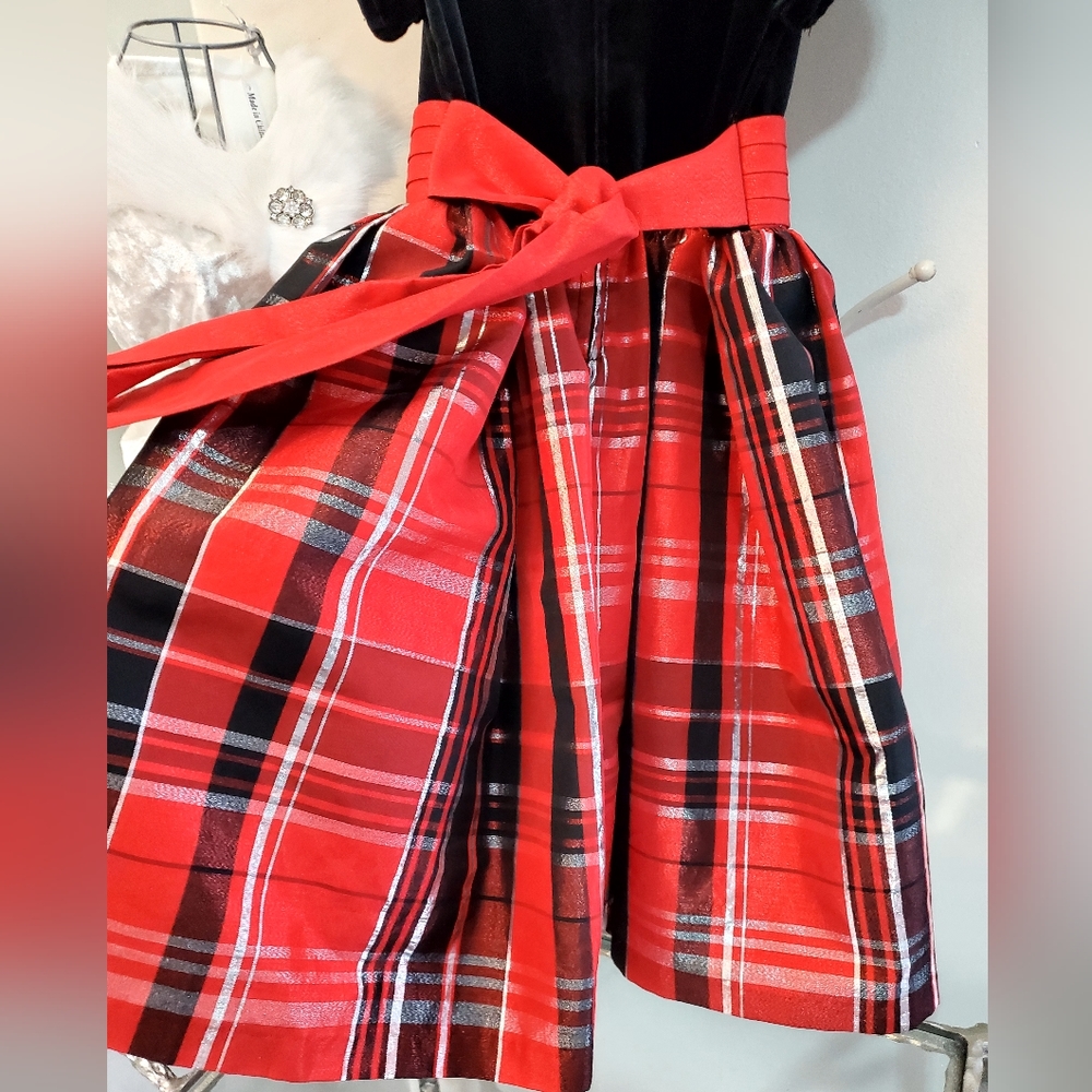 Girl's Bonnie Jean red, black, silver plaid holiday velvet taffeta dress Sz 6X - Picture 7 of 11